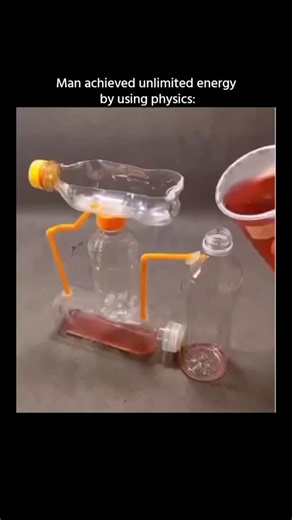 smart_.girl_07 on Instagram: "What looks like “unlimited energy” is actually a clever demonstration of basic physics using gravity, air pressure, and fluid flow. This simple setup of plastic bottles and straws creates the illusion of endless motion, but in reality, it works only because of height differences and pressure balance. As liquid flows from a higher bottle to a lower one, gravity does the work, while trapped air moves through the straws to equalize pressure between containers. For a sh
