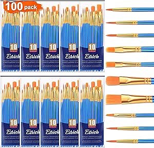 ESRICH Acrylic Paint Brushes Set, 10 Packs/ 100 Pcs Watercolor Brushes,Nylon Brush Head, for Oil Painting, Gouache, Face,Ceramics etc, Kid's and Adults Painting Arts and Crafts Paint Sets.
