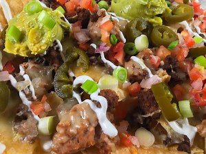 Air Fryer Nachos with Ground Beef and Refried Beans Recipe