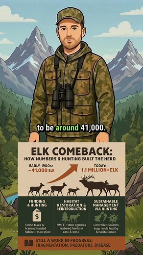 Wild elk weren’t always thriving across America. In the early 1900s there were only ~41,000 left. Today? Over 1.1 million. 🦌 Here’s the climb: 🔥 Hunting-based funding (licenses excise taxes) 🌲 Habitat restoration reintroduction ✅ Sustainable management via seasons & tags The result: a wild elk comeback that’s real. But there’s still work to do — fragmentation, predators, and disease are real threats. Your next hunt isn’t just about the trophy. It’s about the legacy. #ElkHunting #WildlifeConse