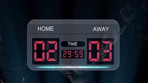 Digital scoreboard animation showing home team 2 and away team 3 with time 29:58. Sports, live score, digital display, goals, competition, winning