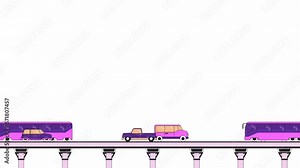 Moving vehicles highway bridge line 2D object animation. Elevated road with riding cars flat color cartoon 4K video, alpha channel. Transport traffic, speedway animated item on white background