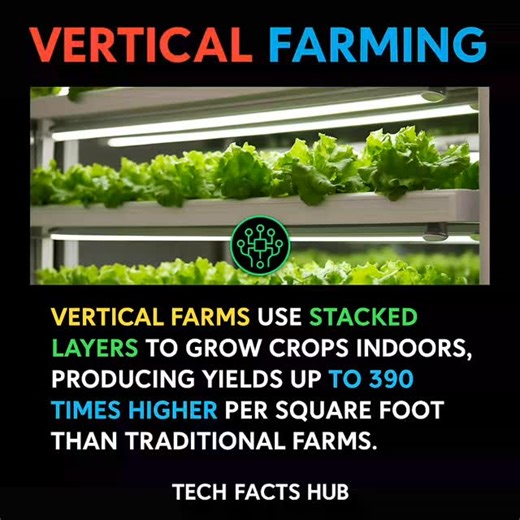 The future of farming is going vertical.  Vertical farms use stacked layers of crops grown indoors under LED lighting, achieving up to 390× higher yields per square foot than traditional fields. This sustainable system uses 90% less water, no pesticides, and allows cities to grow food locally all year round.  #TechFactsHub #verticalfarming #innovation #sustainability #sciencefacts #agriculture #futuretech #research #technology #urbanfarming | Factspedia | Facebook