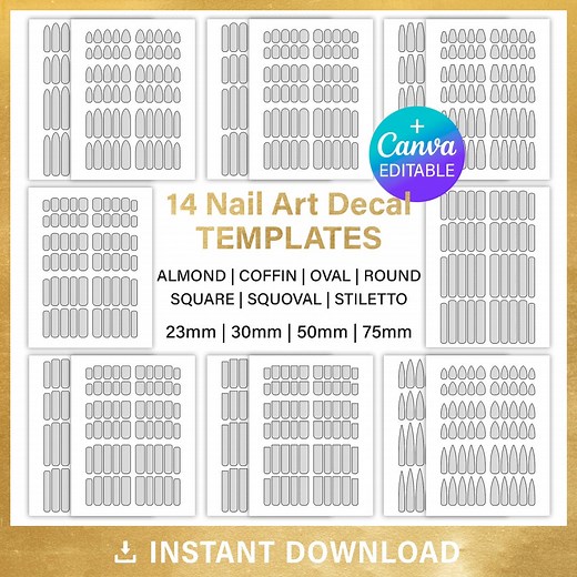 14 Nail Art Decal Blank Template BUNDLE, Squoval, Oval, Square, Almond, Png, Canva, Svg, Cricut, DIY, Printable, Instant Download - Etsy