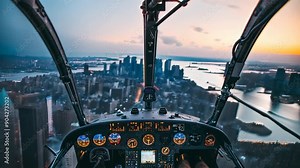 View from inside a helicopter cockpit flying over a city at dusk with illuminated buildings