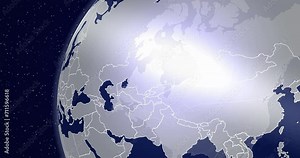 Rotating world map with zoom into Korea - with country borders. Zoom into SEOUL, capital of the country South Korea.