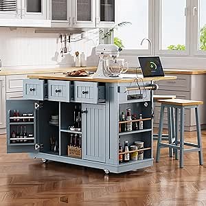Rolling Kitchen Island with Drop Leaf and Stools - 3-Piece Moveable Kitchen Storage Islands & Carts with Power Outlet for Dining Room
