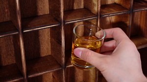 Briwooody Large Tequila-Shaped Shot Glass Display Case - Rustic Wood Wall Mount Storage Shelf for Whiskey, Vodka - Pint Glass Holder Cabinet for Party and Collection - Housewarming Bar Organizer