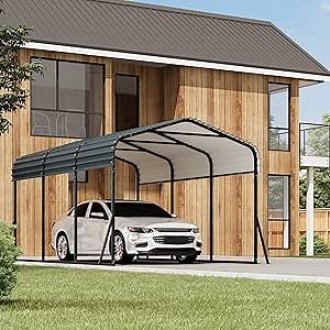 10 x 15 FT Metal Carport with Galvanized Steel Roof, Heavy Duty Metal Roof Carport with Enhanced Base, Tall Kits Garage for Tractors, Trucks, Boats, Cars