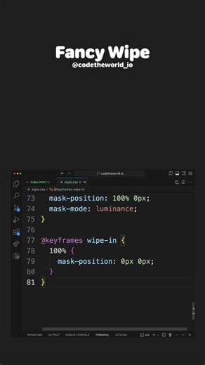 Fancy Wipe #codetheworld #programmer #programming #developer #studenlife #computerscience #code #short #reels #dev #it #software #softwaredeveloper #webdevelopment #csstransition #coder #navbar #keyboardsound #relax #reply #x #card #hover #fancy #wipe