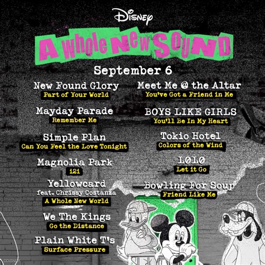 19K views · 210 reactions | This Friday... we rock! 落 'A Whole New Sound,' featuring reimagined versions of some of the most iconic Disney songs by Magnolia Park, Simple Plan, New Found Glory, We The Kings, and more! Pre-save on Spotify: https://open.spotify.com/prerelease/0Nqqbp5OFAUhL1MUtxAAgX | Walt Disney Records | Facebook