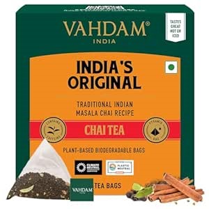 VAHDAM, India's Original Masala Chai Tea Bags (15 Count) Non GMO, Gluten Free, No Added Flavoring | Blended w/Savory Exotic Spices | Individually Wrapped Pyramid Tea Bags | Direct from Source