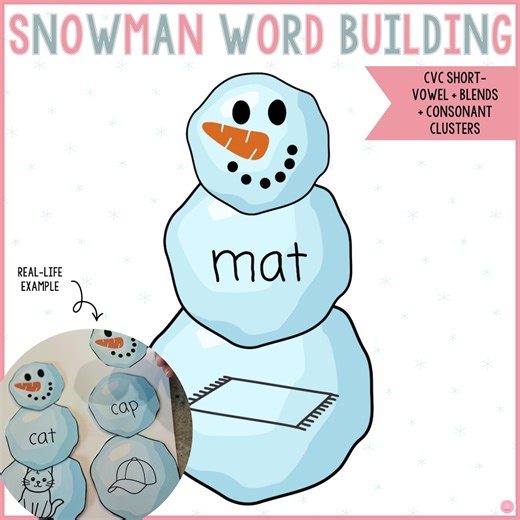 Snowman Word Building Template, CVC Short Vowel Words Picture Matching, Blends, Consonant Clusters - Etsy