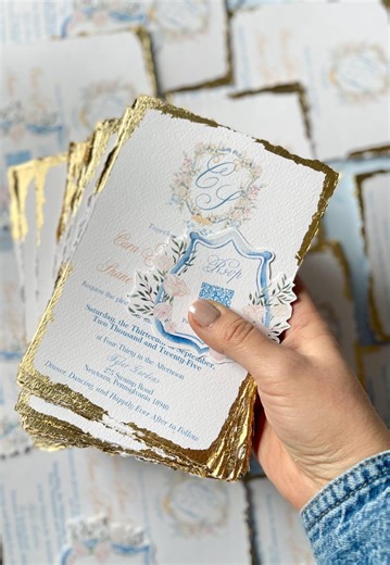 Blue Wedding Invitation Suite, Wedding Invitation, Deckled Edge Invitation, Romantic Wedding Invites, Cotton Paper Crest With Gold Leaves - Etsy
