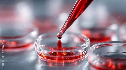 Laboratory pipette dropping red liquid into petri dish in a scientific research environment from a close-up viewpoint