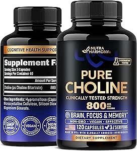 NUTRAHARMONY Choline 800 mg - Choline Supplement - Vegan, Non-GMO, Lab Tested - Made in USA - 120 Capsules