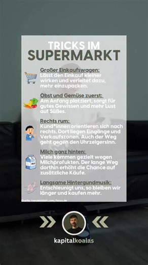 Chris Baumann | Versicherungen & Altersvorsorge on Instagram: "Schon mal gemerkt, dass der Einkauf größer ausfällt als geplant? 🛒😅 Das liegt oft weniger an fehlender Disziplin, sondern an cleveren Supermarkt-Tricks 🧠 Einkaufswagen, Wegeführung, Musik und Produktplatzierung beeinflussen unser Kaufverhalten stärker, als wir denken 📊 Wer diese Mechanismen kennt, kann bewusster entscheiden und unnötige Impulskäufe vermeiden 💡 Ein bisschen Wissen spart am Ende oft mehr Geld als der nächste Rabat