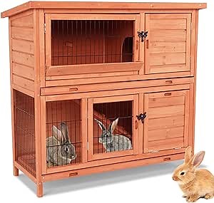 TLSUNNY Rabbit Hutch Outdoor, 2-Story Rabbit Cage Indoor with Run, Bunny Cage with 2 Removable No-Leak Trays, Pet Cages with Non-Slip Ramp, Waterproof Roof, Fence, for Small Animals