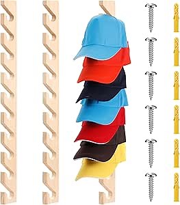 BBTO 3 Pack Wooden Hat Rack for Baseball Cap Wall Mount Hat Racks 30 Slot Vertical Baseball Cap Display Holder with 10 Hooks Organizer Wood Hanger for Door Entry Room Bedroom(Wood Color)