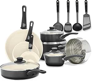 GreenLife 16 Piece Nonstick Cookware Set, Soft Grip Non-Toxic PFAS-Free Ceramic Pots & Pans, Dishwasher & Oven Safe, Frying, Sauce, Utensils, Glass Lids, Stay-Cool Handles, Wobble Free, Black & Cream