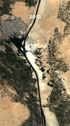 The Suez Canal was expanded between 2014 and 2015, when a second channel was dredged near the city of Ismailia, Egypt. This channel, dubbed the “New Suez Canal,” spans 22 miles (35 kilometers) between the Great Bitter Lakes and El Ballah bypasses, allowing ships to transit the canal in both directions simultaneously. It nearly doubled the capacity of the Suez Canal, from 49 to 97 ships per day. Created by @dailyoverview Source imagery: @maxartechnologies | Daily Overview