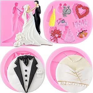 ZiXiang Bride and Groom Fondant Mold Tuxedo Wedding Dress Set Silicone Mold For Wedding Party Cake Decorating Cupcake Topper Chocolate Candy Polymer Clay Set Of 4