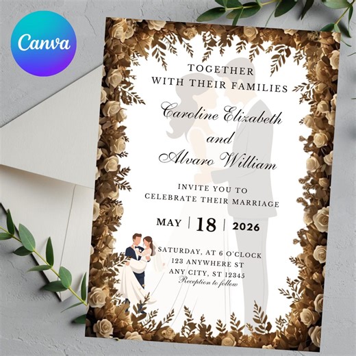 Vintage Floral Wedding Invitation Template | Editable Canva Wedding Invite | Rustic Elegant Printable Wedding Invitation - Etsy