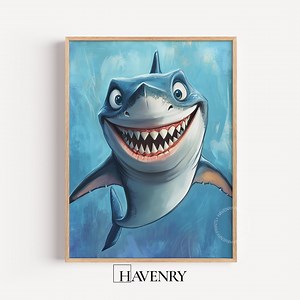 Cartoon Shark Art Printable - Playful Underwater Scene Decor, Cute Caricature Shark With Wide Grin, Vibrant Kids Room Wall Download 735 - Etsy