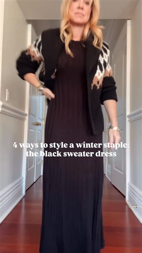 Joanna Young on Instagram: "The black sweater dress is a winter wardrobe staple for a reason, and here are 4 easy ways to style one with things you probably already have in your closet: a belt, a scarf, a blazer or a cardigan. I love the fit and flare silhouette of this one, which is on sale right now for $100. . . . #styleinspo #sweaterdress #wardrobestaple #classicstyle #getdressedwithme"