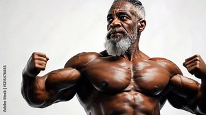 Senior african american man with a muscular body . Shirtless elderly male bodybuilder shows bicep muscles on white background.