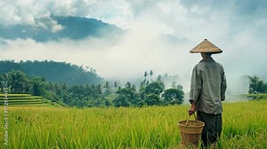 An agriculturalist laboring in a rice field, dressed traditionally, surrounded by verdant paddies