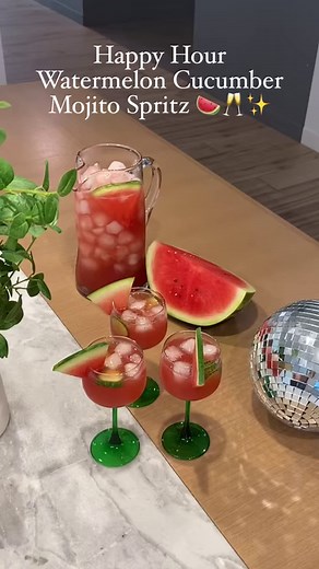 With watermelon it truly is ~happy~ hour. Let this watermelon cucumber mojito spritz be THE happy hour drink of the summer. Smiles guaranteed. 🍉 🍹😎 https://bit.ly/42AOcrm | Watermelon Board
