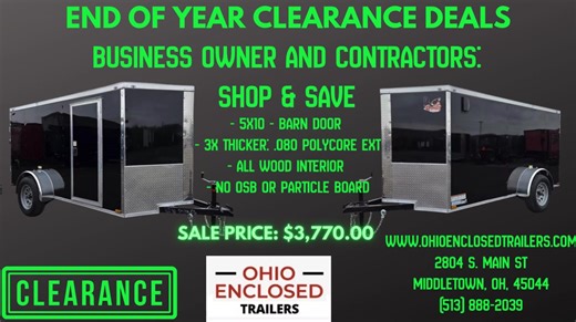 New 2026 Model 5X10 - BARN DOOR - 3X THICKER: .080 POLYCORE EXT - CARGO / ENCLOSED TRAILER Combined with $0 Dealer, Doc, Or Prep Fees - 2990 lbs GVWR - .080 PolyCore Exterior - 5' or 60.00"Interior Height In Stock Now @ Ohio Enclosed Trailers: -2804 S. Main St, Middletown, OH, 45044 - (513) 888-2039 Check Out Stock # S9187 With This Link: https://www.ohioenclosedtrailersales.com/new-5x10-barn-door-3x-thicker-080-polycore-ext-cargo-enclosed-trailer-mPrs.html | Ohio Enclosed Trailers