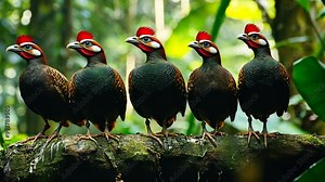 Five red-crested partridges perch on a branch in a lush forest