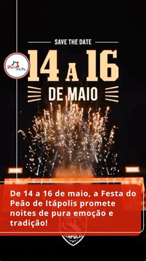 Prepare o chapéu e marque na agenda: entre os dias 14 e 16 de maio de 2026, a cidade de Itápolis/SP será palco de uma das festas mais aguardadas do interior paulista — a Festa do Peão de Itápolis. 🎆🤠 Serão três dias intensos, com rodeio, música, adrenalina e muita tradição sertaneja. Cada noite promete experiências inesquecíveis, reunindo famílias, amigos e apaixonados pelo universo do campo em uma celebração que já é referência na região. 👉 Chame a galera, organize sua comitiva e venha senti