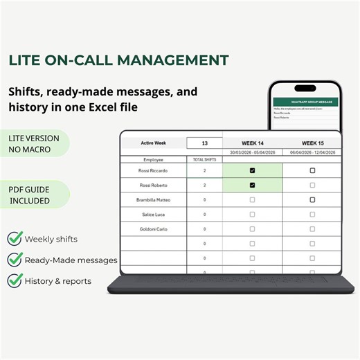 On-Call Schedule Excel Template | Employee Rotation Planner with WhatsApp & Email Messages | Weekly Duty Roster | Staff Availability Tracker