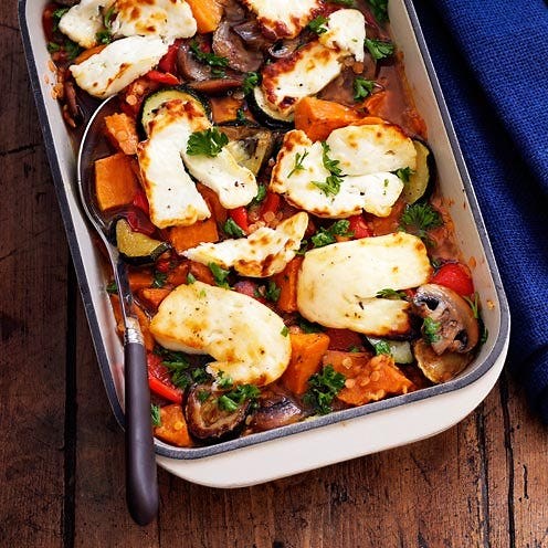 Easy roasted vegetable, lentil and halloumi bake recipe