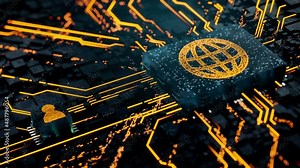 Internet Technology Concept with web symbol on a Microchip. Orange Neon Data flows between the CPU and the User across a Futuristic Motherboard. Seamless Loop.