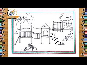 park scenery drawing | how to draw playground easy | Scenery of city park step by step