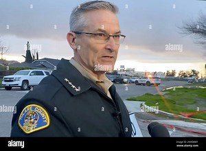 In this frame grab from video provided by the Tulare Count Sheriff's Office, Sheriff Mike Boudreaux speaks to the media near the scene of a fatal shooting in Visalia, Calif., Monday, Jan. 16, 2023. (Tulare County Sheriff's Office via AP Stock Photo - Alamy
