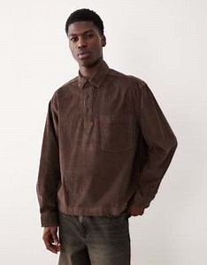 ASOS DESIGN boxy oversized cord rugby shirt in brown | ASOS
