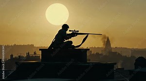 A sniper sits on a rooftop with a rifle, aiming towards a cityscape at sunset