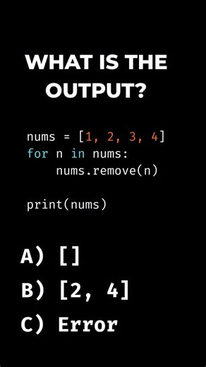 CODE_BLOOM on Instagram: "Most developers get this wrong on the first try. 😅 When you modify a list while iterating over it, you mess up the internal index counter. Python doesn't know you shifted the elements, so it skips items! ❌ Don't do this. ✅ Use a list comprehension instead: [x for x in nums if condition] Did you guess A or B? Be honest in the comments! 👇"