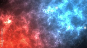 Slow motion of flowing vivid two-color flames and sparks in a bright and vivid atmosphere. Animation of fire particles with copy space on flame background in a dark. 4K motion graphics