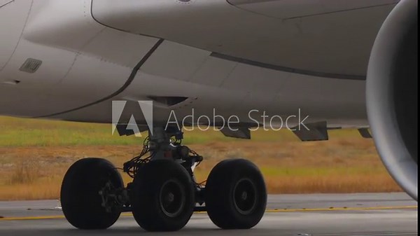 Close-up footage of a modern jet engine in operation, showing the rotating turbine blades and detailed metal textures. The camera captures the power, precision, and advanced engineering