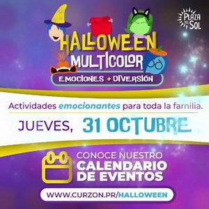 El Halloween más colorido y emocionante lo vivirás con nosotros en Halloween Multicolor 🌈 Ven y diviértete en familia con todas las actividades que tenemos para ti. Desde meet and greet y dulces hasta show musical, y más 🎃 ¡Te esperamos con mucha emoción! 🙌 Mira el calendario de eventos aquí 👉🏻 www.curzon.pr/halloween #HalloweenMulticolor #Halloween2024 #PlazaDelSol #ModaEntretenimientoDiversion | Plaza del Sol