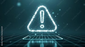 Digital warning sign with exclamation point, floating over a grid-like platform.