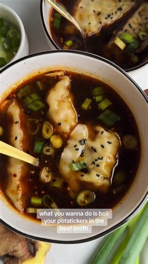 POT STICKER SOUP — YOU NEED TO MAKE IT!! What you need (for 1 serving): 1/2 teaspoon chili crunch 2 teaspoons rice vinegar 1 tablespoon soy sauce 1 teaspoon sesame oil 2 tablespoons diced green onions 1 clove grated garlic 1/2 teaspoon grated ginger 1.5 cups beef broth 3 frozen pot stickers 1 teaspoon lime juice Let me know who the OG creator of this masterpiece is! We saw something similar on @gimmesomeoven