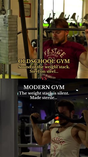 Vestige Aesthetics on Instagram: "Oldschool gyms had these iconic metal pulleys with metal stacks. Metal on metal made a beautiful “screeching” sound. In modern gyms this sound is absent due eliminating these sounds with plastic and rubber… The soul in modern gyms is gone. They’ve become sterile environments while oldschool gyms had robust machines that made these beautiful sounds… What gym environment do you prefer?"