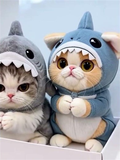 Funny Real Cat Shark Costume Twin Prank, which one is real cat? Looks Exactly Like Plush Toy